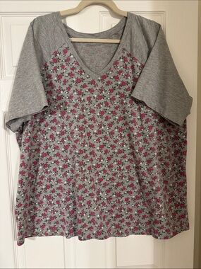 Woman Within Gray V-Neck Tee with Pink Floral Print